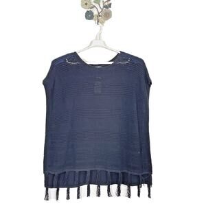 Lucky Brand Black Knit Fringe Boho Pullover Poncho Sweater Medium NEW